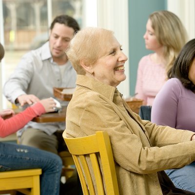 People sitting around tables.