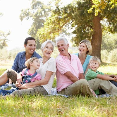 A family sitting together on the ground.