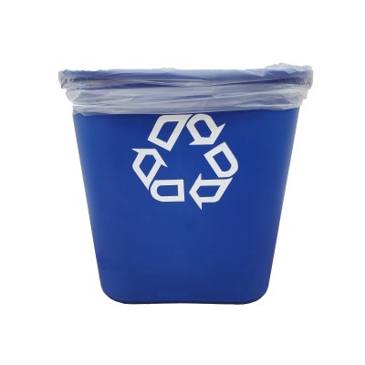 Small blue recycling bin with bag