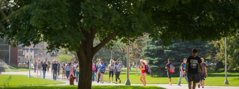 Students walking across campus