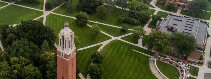 Aerial view of campus from the west during summer.