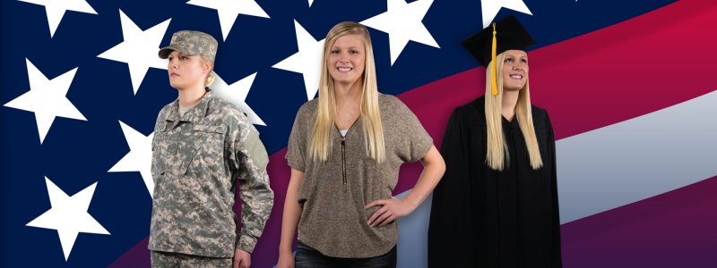 Veteran, Student and a Graduate standing in front of the American flag