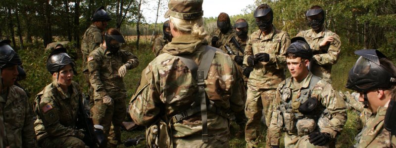 Cadets conducting an After Action Review following a simulated battle.