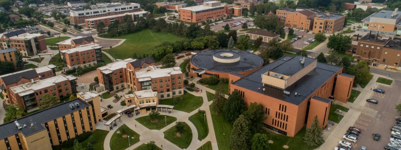 Aerial shot of SDSU campus buildings