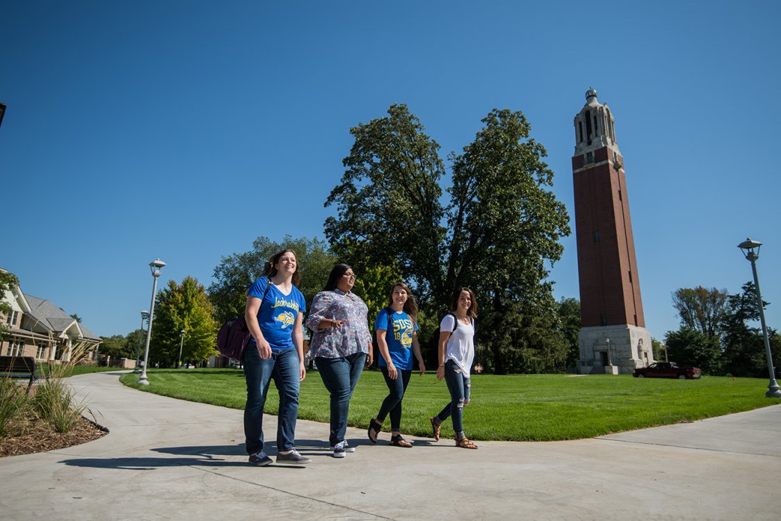 Students walking passed Campanile