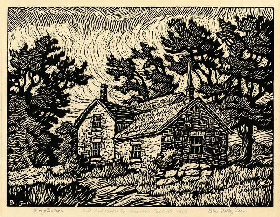 Birger Sandzén, "Blue Valley Farm," linocut, 1929, South Dakota Art Museum 2017.03.02 Transfer from the SDSU School of Design, Visual Art Department, ©Birger Sandzén Memorial Gallery linocut, 1929 South Dakota Art Museum 2017.03.02 Transfer from the SDSU School of Design, Visual Art Department ©Birger Sandzén Memorial Gallery