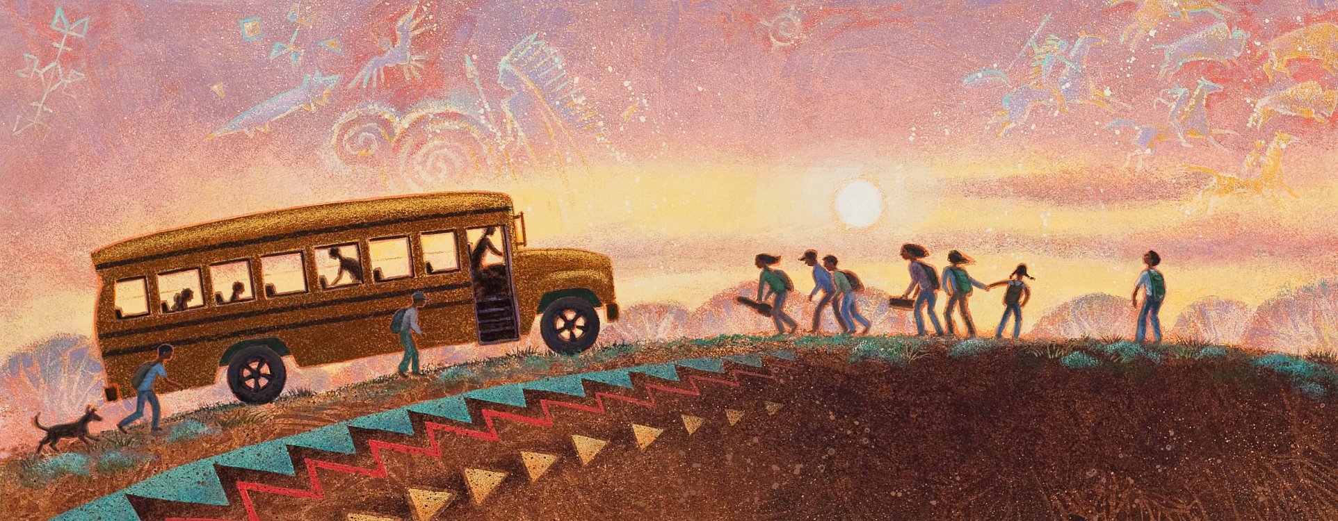 S.D. Nelson (Standing Rock Lakota), Bus Stop (Illustration for Greet the Dawn: The Lakota Way), acrylic on 140 lb. cotton paper, 2012 South Dakota Art Museum 2020.02.13. Gift of S.D. Nelson. © South Dakota Art Museum