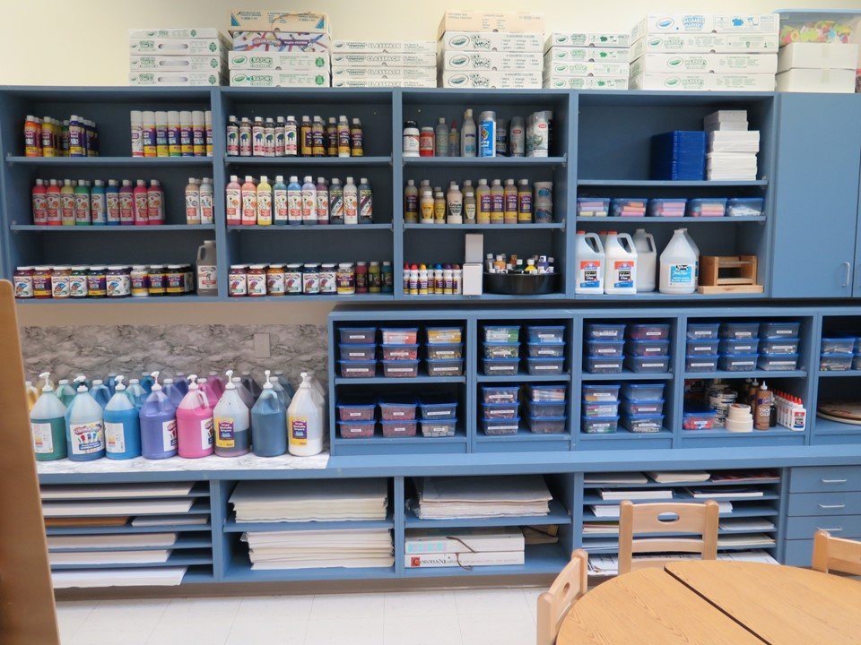 The different types of paint, writing utensils and paper ready for use in the art studio.