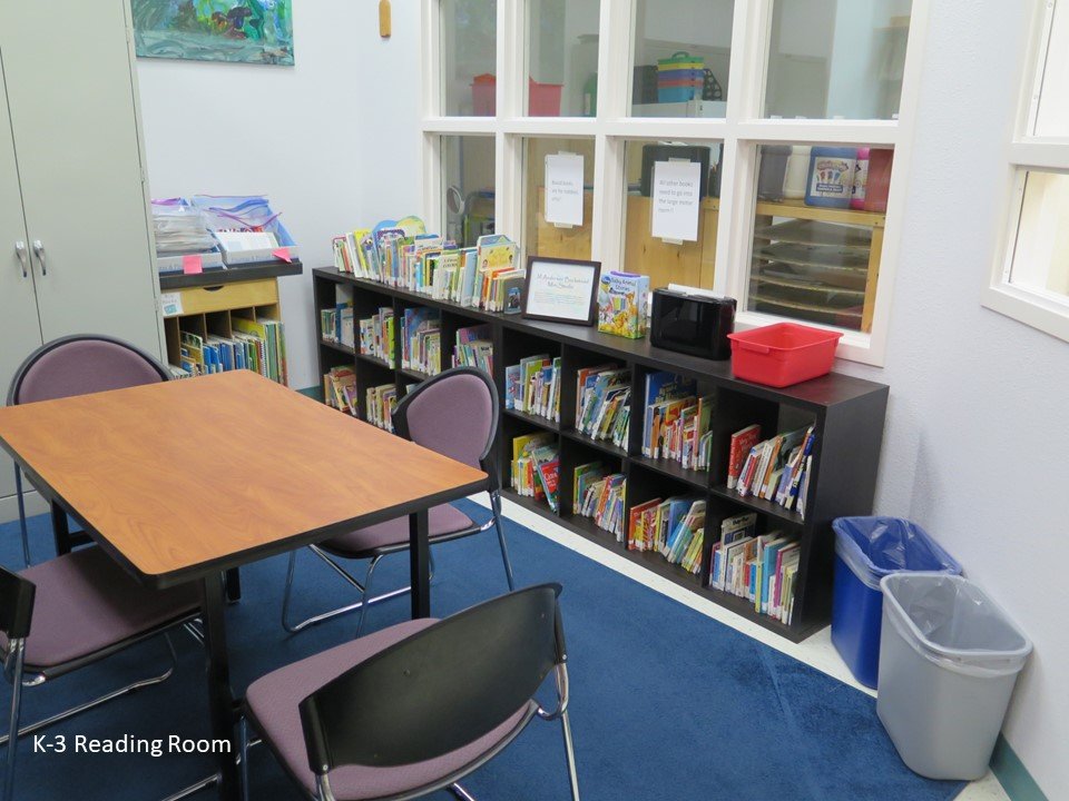 This is the K-3 reading room with a table and many different types of books.