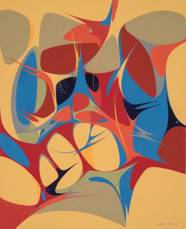 Oscar Howe (Yanktonai Dakota, 1915–1983), Abstraction after Wakapana, 1973. Casein on paper, 24 7/8 x 20 3/16 in. Oscar Howe Family Collection, University Art Galleries, University of South Dakota, HF OH 1 © Oscar Howe Family SDAM