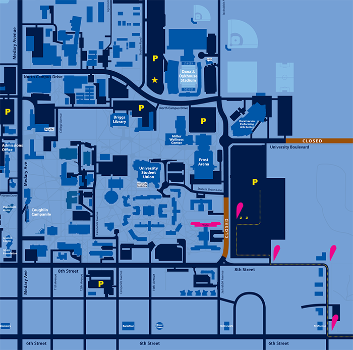 Map showing directions to Young Hall for Meet State Move-in Weekend.