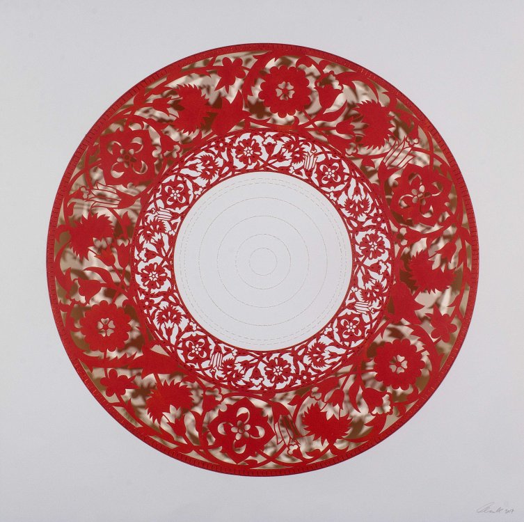 Anila Quayyum Agha, "Flowers (Red)," Mixed media on paper (red circle with outer cutouts, red beads, and white stitching on center) 29.5 x 29.5 in - SDAM