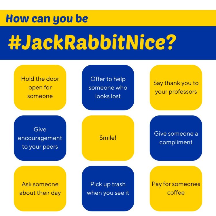 How can you be #JackRabbitNice? Hold the door open for someone. Offer to help someone who looks lost. Say thank you to your professors. Give encouragement to your peers. Smile! Give someone a compliment. Ask someone about their day. Pick up trash when you see it. Pay for someone's coffee.