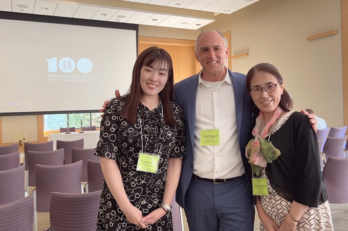 Nagako Muto, left, and Kaoru Nishihara, right, from The International University of Kagoshima in Japan, pose for a photo with Paul Baggett, associate professor and graduate coordinator of English in the South Dakota State University, at the 16th Biennial Jack London Society Symposium at The Huntington Library in San Marino, California.