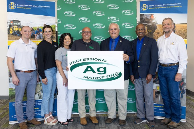 Members of the team from Professional Ag Marketing in Luverne, Minnesota, joined leaders from the South Dakota State University College of Agriculture, Food and Environmental Sciences to celebrate the company’s significant gift to the Richard Wahlstrom Endowment Fund.