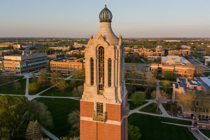 An aerial photo of the South Dakota campus featuring the Coughlin Campanile.