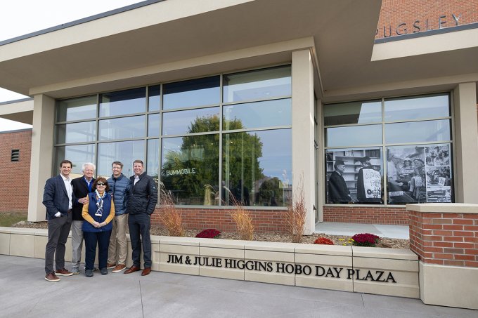 The Jim and Julie Higgins family were on hand Oct. 11 to help dedicate the Jim and Julie Higgins Hobo Day Plaza on the north side of the University Student Union.