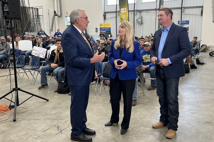 From left, South Dakota State University President Barry Dunn, national reporter and markets expert Michelle Rook and “Farm Journal” editor and “AgDay” host Clinton Griffiths tape a segment of "AgDay College Roadshow in the Raven Precision Agriculture Center on campus Oct. 30.