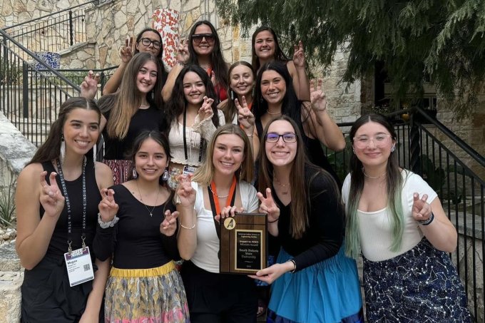 Posing with the “ears up” symbol are members of the SDSU chapter of the American Indian Science and Engineering Society at the national conference in San Antonio Oct. 3-5. Pictured are, front row, from left, Megan Begeman, Mariah Morrow, Morgan Curd, Katherine Charging and Savanah Crowe. Middle row, Delaney Wilson, Ava Young, Harley Fischer (alumna and former AISES president) and Aubre Westover. Back row, Paige Cain (co-adviser), Cierra Sazue (graduate adviser) and Taylor Even.