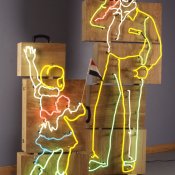 Willem Volkersz, "Canadian Hero," 1995, neon, wood, found objects