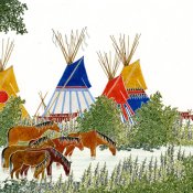 Paul Goble, illustration from "Lone Bull's Horse Raid," 1973; Watercolor and ink painting of a horse drinking from the river. South Dakota Art Museum 1995.01.002J