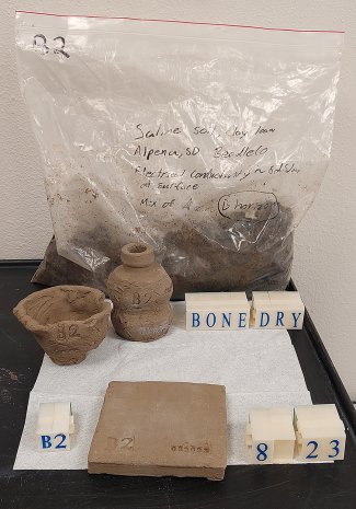 The B2 soil sample from Alpena and Beadle County was turned into a clay tile, a pinch pot and a wheel thrown piece.